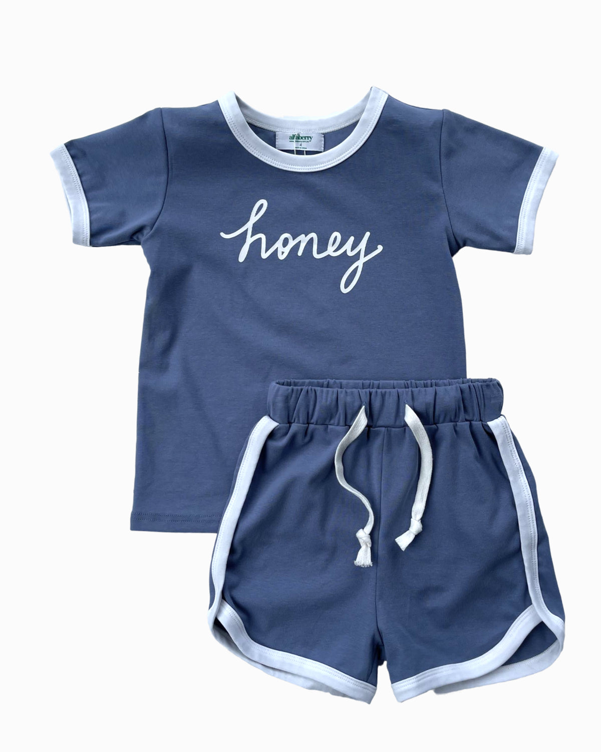 Honey Slogan Ringer Tee and Track Shorts Set in Blue