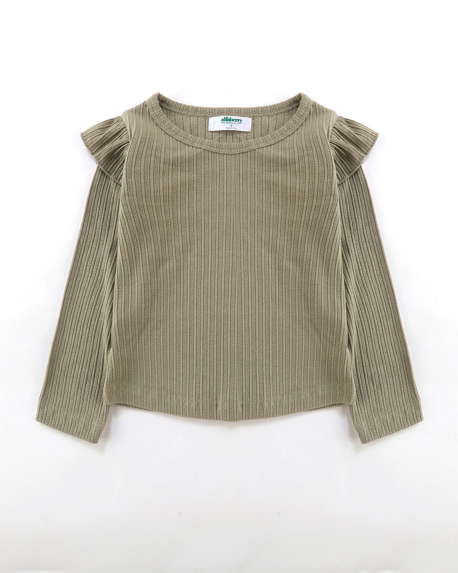 Flutter Long Sleeve Top Ribbed in Olive Front