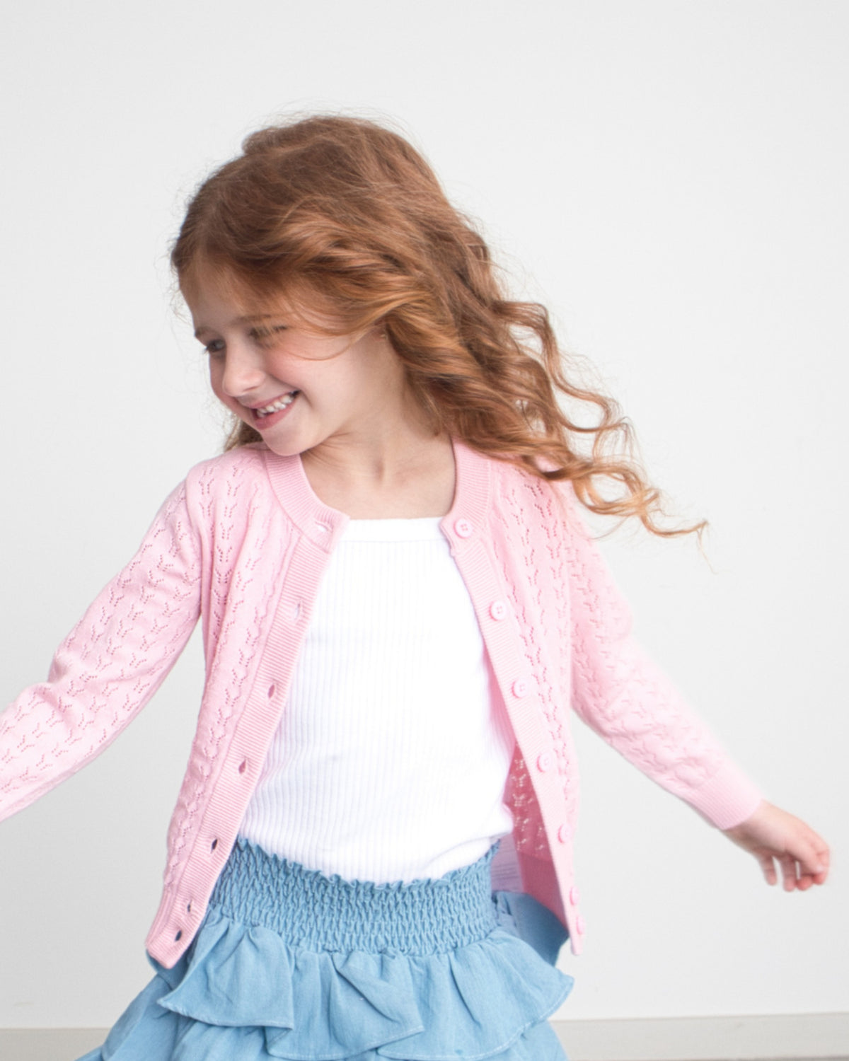 Classic Pointelle Girls Cardigan in Pale Pink