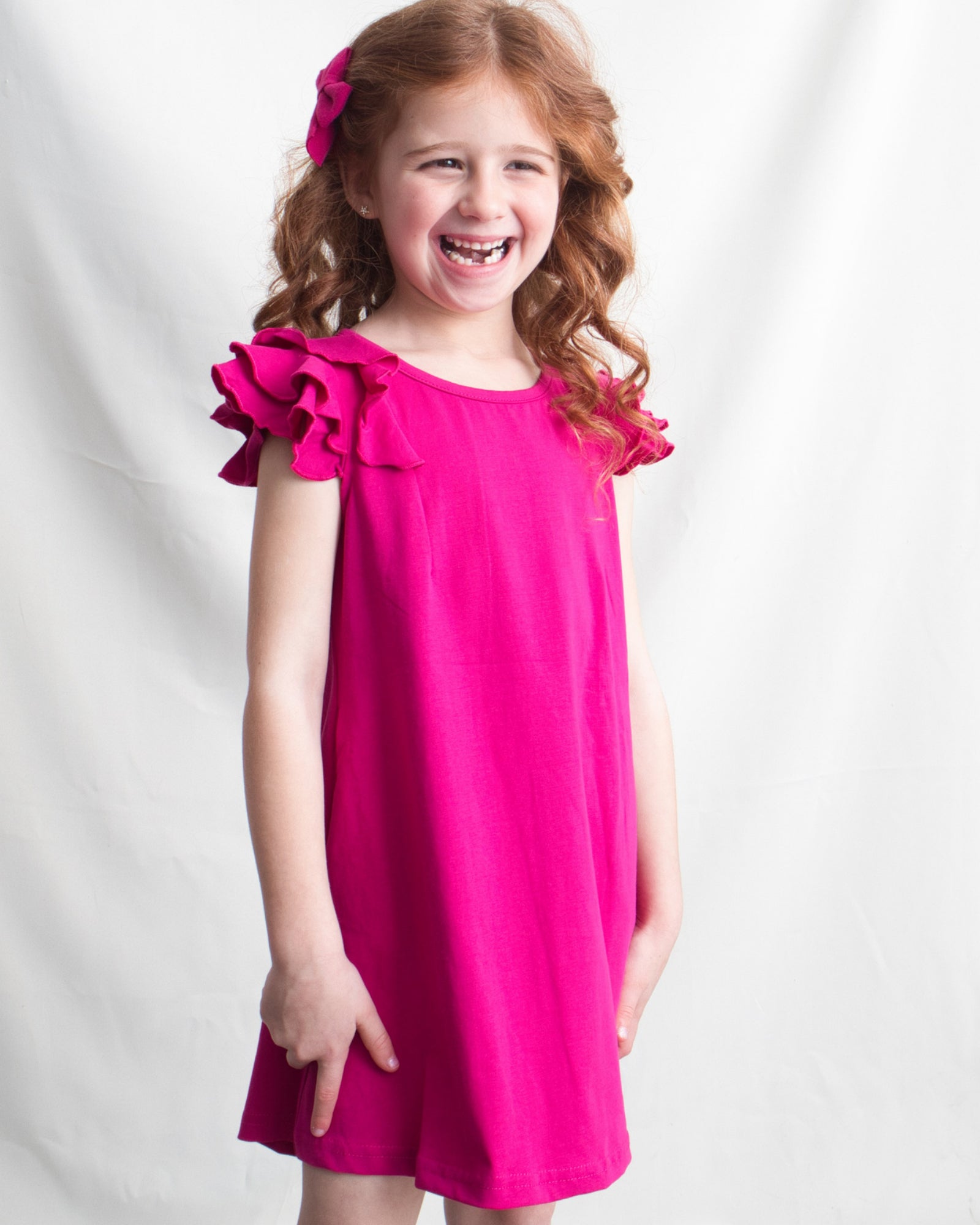 Eliza Dress with Flutter Sleeves in Magenta