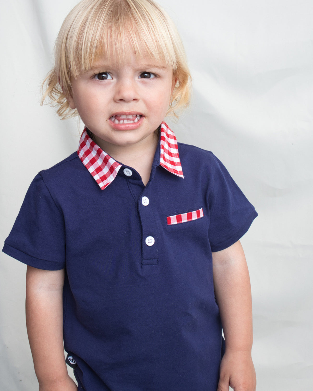 Red Gingham Trim Polo Tee In Navy