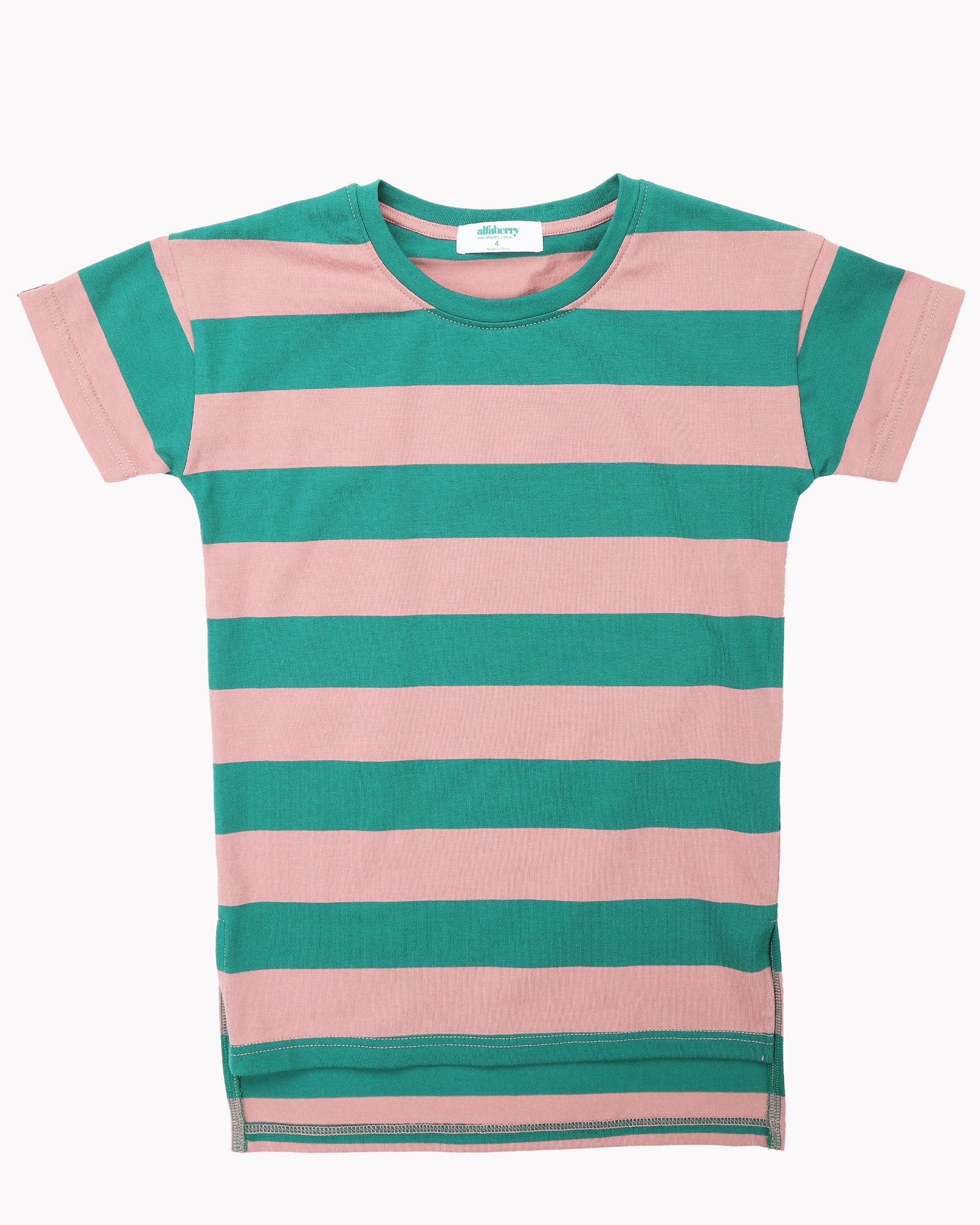 Wide Stripes T-Shirt Dress In Green and Salmon Front