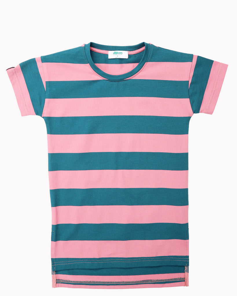 Wide Stripes T-Shirt Dress In Teal and Pink (NO RETURN)