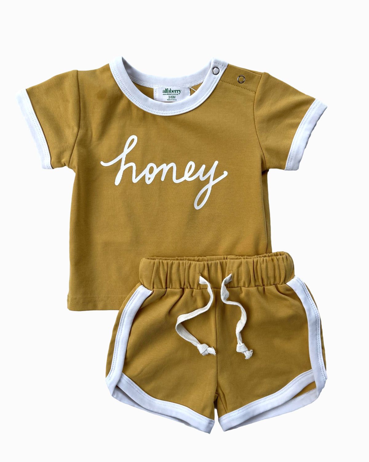 Honey Slogan Ringer Tee and Track Shorts Set in Blue