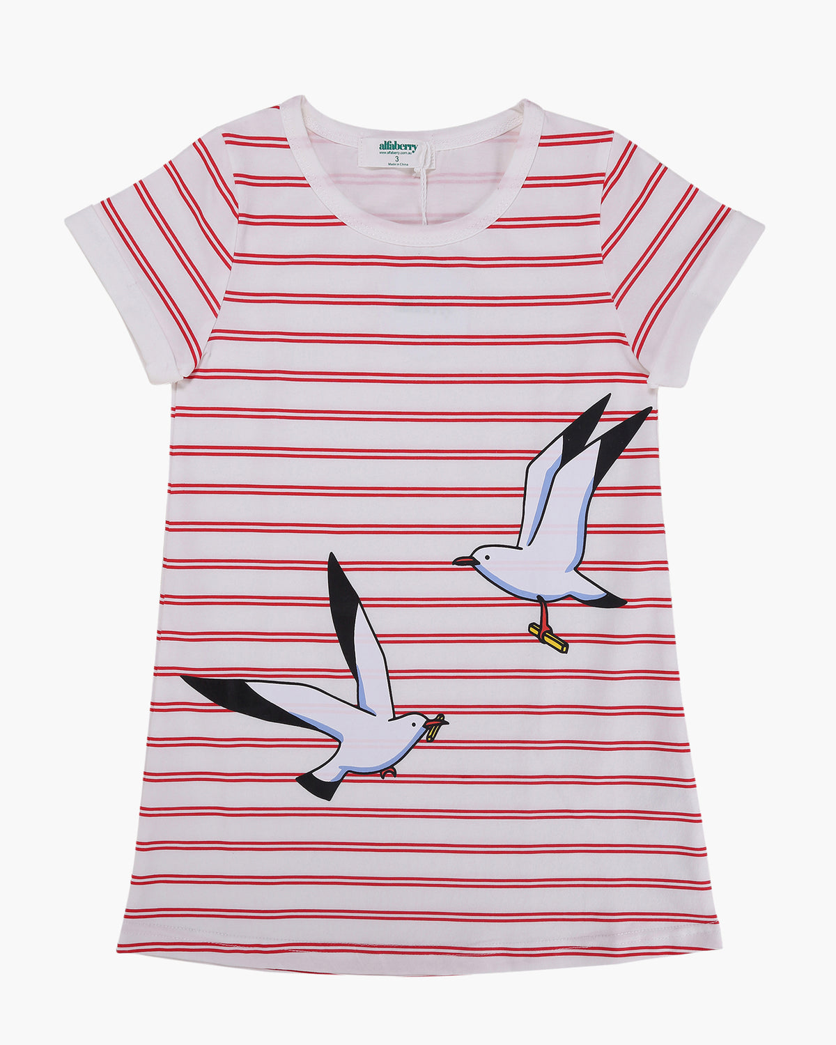 T-Shirt Dress in Seagulls &amp; Stripes Print Red Front