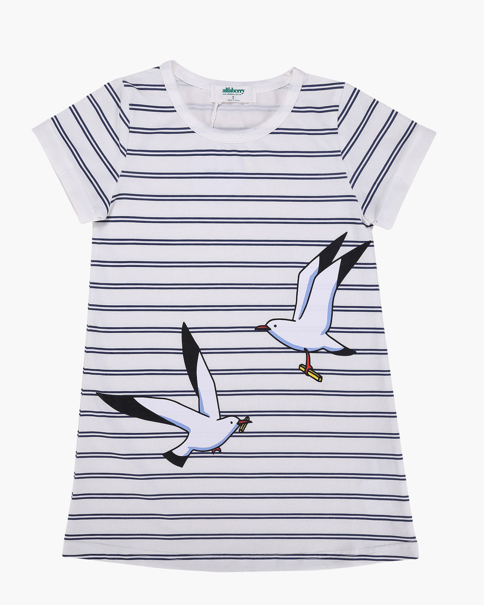 T-Shirt Dress in Seagulls & Stripes Print Navy Front