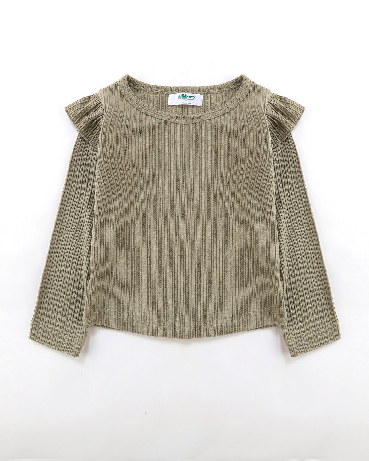 Flutter Long Sleeve Top Ribbed in Olive Front